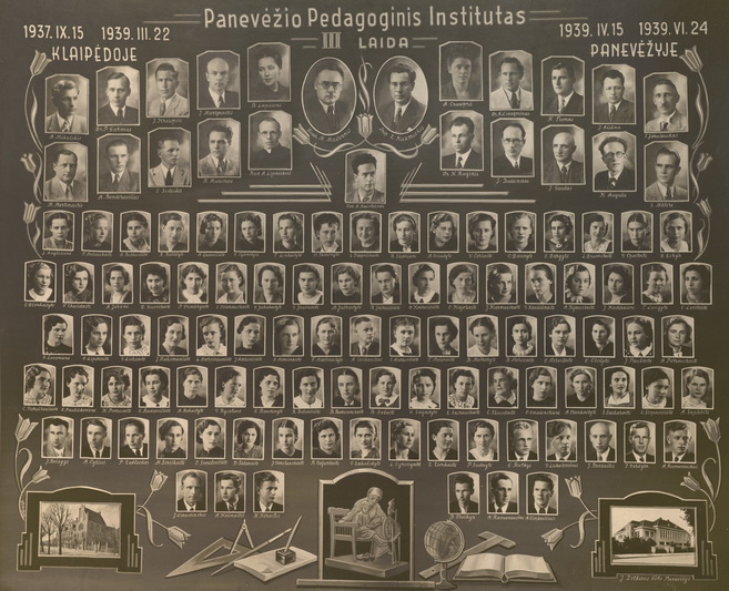 Pedagoginio instituto III laidos vinjetėje – ir Lietuvos partizanų vado, brigados generolo Adolfo Ramanausko-Vanago fotografija (dešinėje apačioje). 1939-aisiais institutą iš Klaipėdos perkėlus į Panevėžį, mokytojo diplomą jis gavo jau čia. A. RAMANAUSKAITĖS-SKOKAUSKIENĖS ASMENINIO ARCHYVO nuotr.