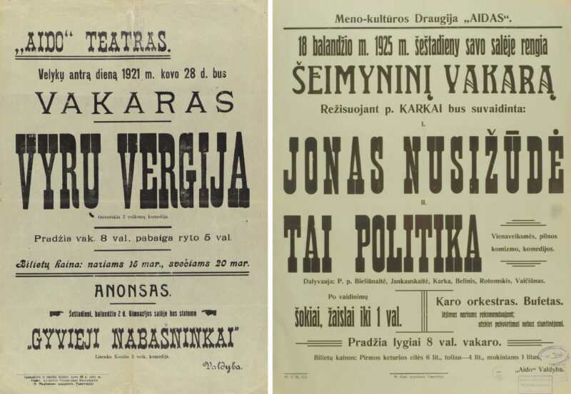 „Aido“ draugijos teatro vakaro afišos – 1921-ųjų ir 1925 metu. LIETUVOS LITERATŪROS IR MENO ARCHYVO FONDŲ nuotr.