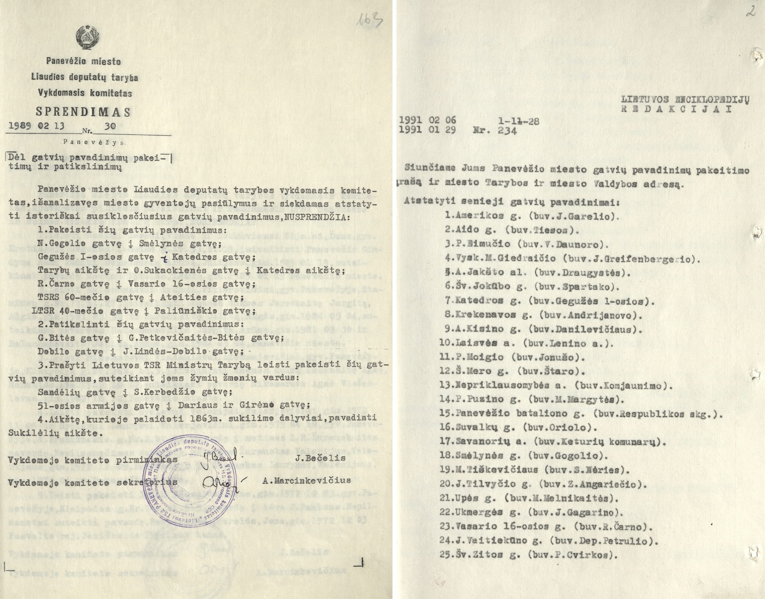 Atgimimo ir Nepriklausomybės laikų dokumentai, grąžinę daugeliui Panevėžio gatvių istorinius pavadinimus. ŠIAULIŲ REGIONINIO VALSTYBĖS ARCHYVO PANEVĖŽIO FILIALO nuotr.