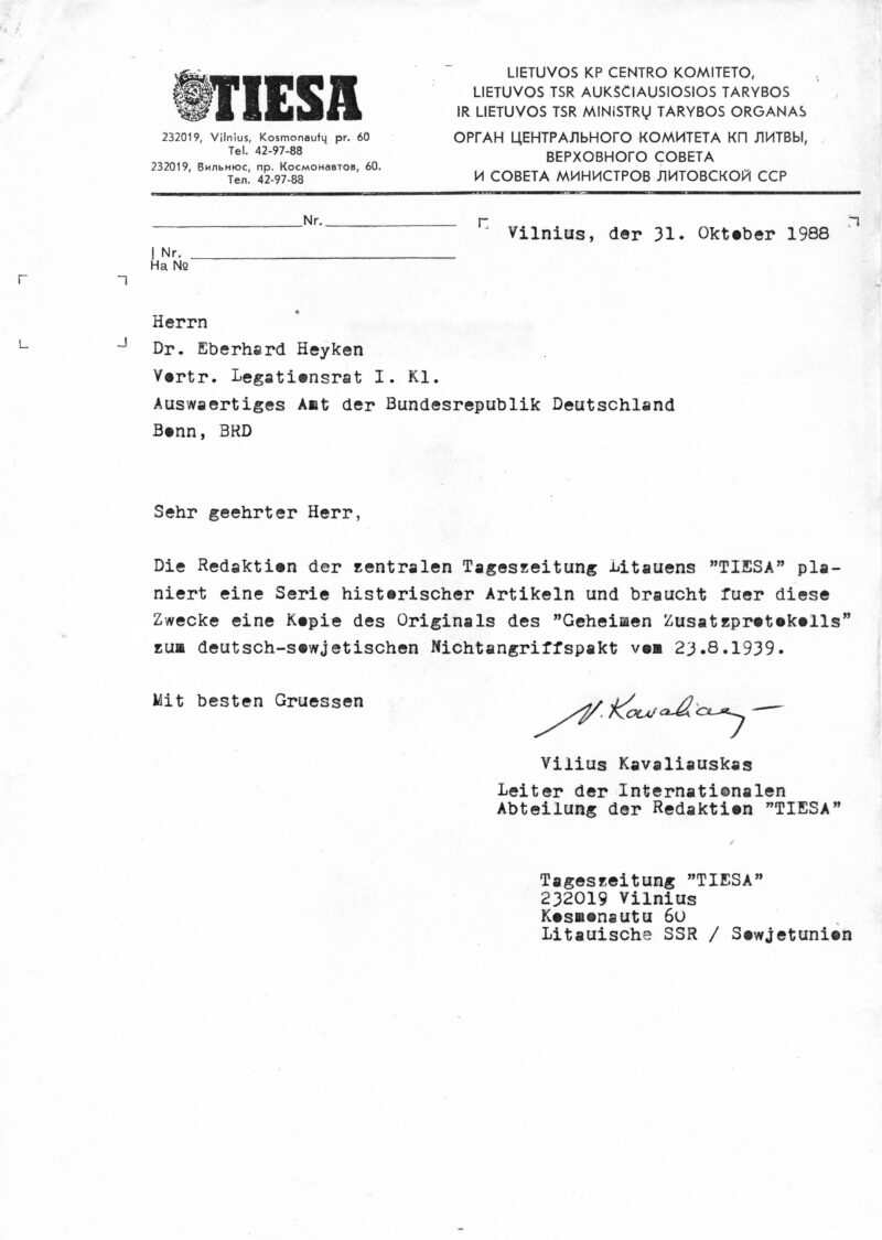 Laiškas tuometės Vakarų Vokietijos užsienio reikalų ministerijai. V. KAVALIAUSKO ARCHYVO nuotr.