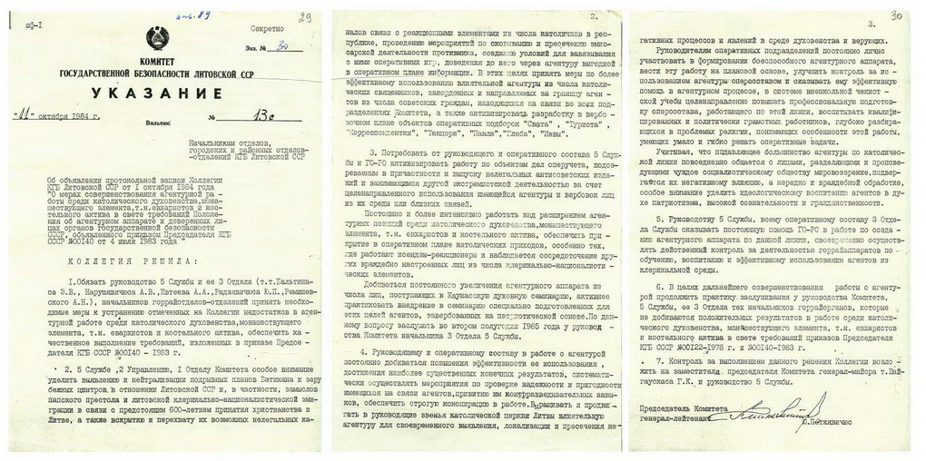 Lietuvos TSR valstybės saugumo komiteto – KGB – 1984 metų nurodymo dėl agentūrinio darbo tarp katalikų dvasininkų, vienuolių, eucharistų ir bažnytinio aktyvo ištrauka. LIETUVOS YPATINGOJO ARCHYVO (LYA) nuotr.