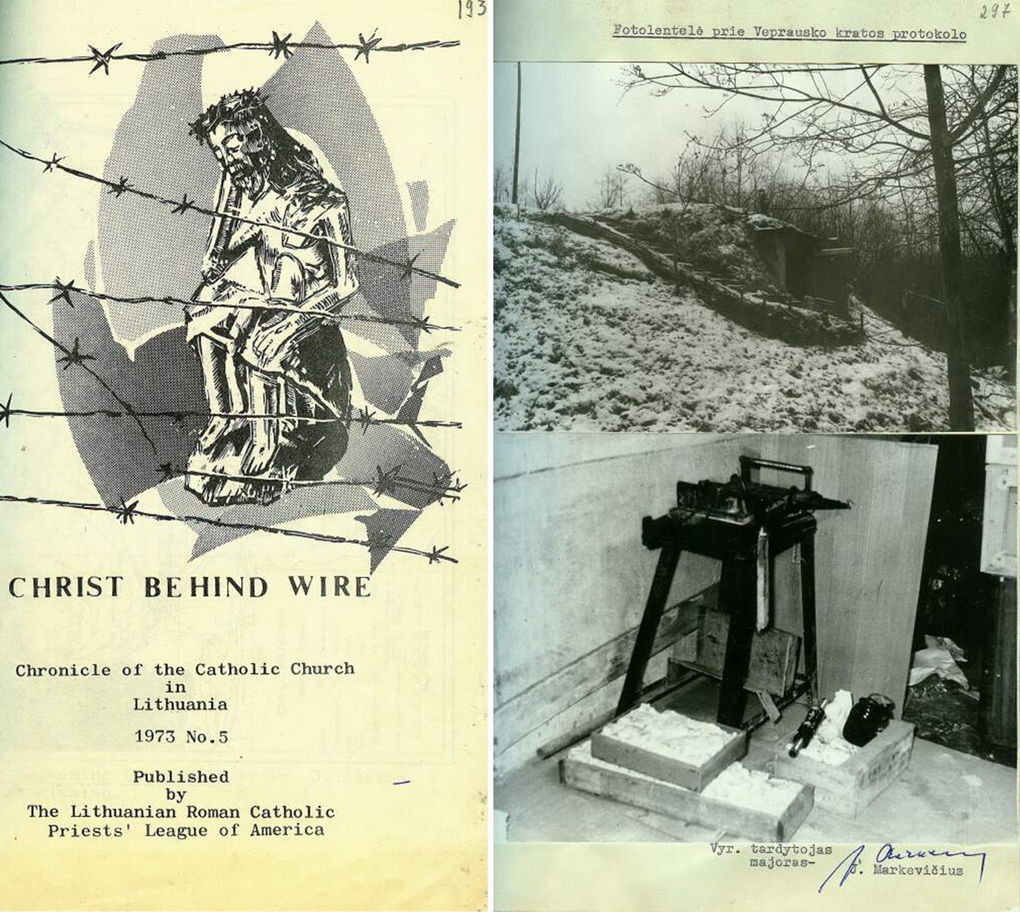 Nors iniciatyva priešintis okupantams ir ginti Lietuvos tikinčiųjų teises kilo iš dvasininkijos, pasipriešinimo judėjimo gretos nebūtų buvusios pilnos be pasauliečių. Ypač jų pagalba buvo vertinga leidžiant ir platinant Lietuvos Katalikų Bažnyčios kroniką, kurios medžiaga pasiekdavo ir užsienio skaitytojus. Nuotraukoje dešinėje – savos gamybos spaustuvė, kurioje buvo spausdinama nelegali katalikiška literatūra. KGB darbuotojai 1973-iųjų lapkritį ją rado Kauno gyventojo Jono Veprausko namuose. LIETUVOS YPATINGOJO ARCHYVO (LYA) nuotr.