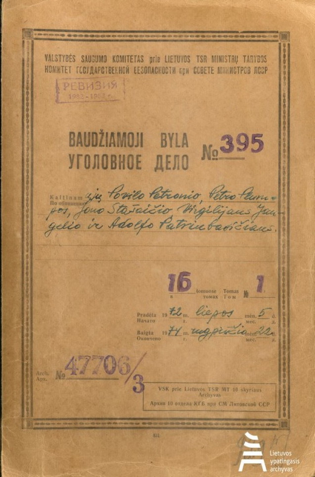 Povilo Petronio, Perto Plumpos, Jono Stašaičio, Virgilijaus Jaugelio, Adolfo Patriubavičiaus, kaltintų leidinio „Lietuvos Katalikų Bažnyčios kronika“ ir kitos religinės bei antisovietinės literatūros gaminimu ir platinimu, baudžiamosios bylos viršelis. LIETUVOS YPATINGOJO ARCHYVO nuotr.